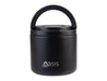 Oasis 500ml Vacuum Food Flask with Spork - A black vacuum food flask with a handle and spork, featuring a logo on the front.