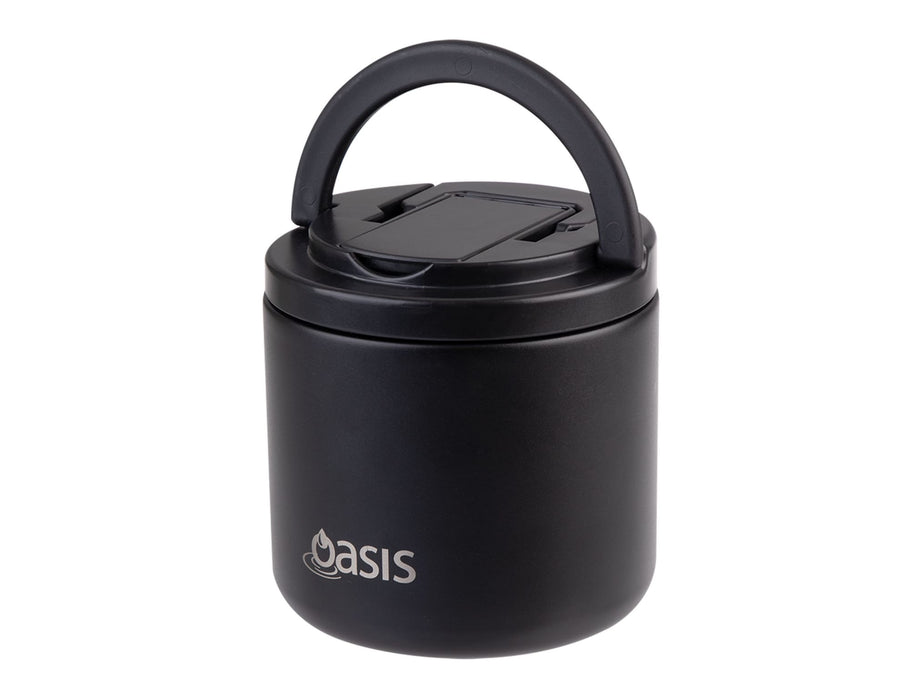 Oasis 500ml Vacuum Food Flask with Spork - A black vacuum food flask with a handle and a spork included, featuring a logo.