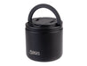 Oasis 500ml Vacuum Food Flask with Spork - A black vacuum food flask with a handle and a spork included, featuring a logo.