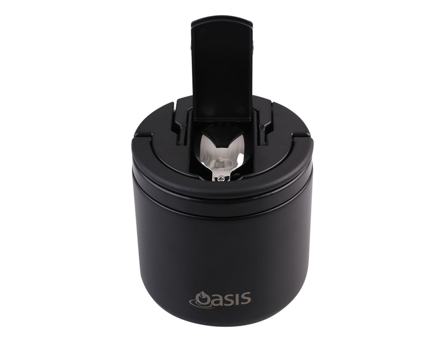 Oasis 500ml Vacuum Food Flask with Spork - A black vacuum food flask with a spork attached to the lid and a logo on the front.