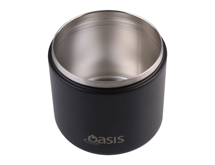 Oasis 500ml Vacuum Food Flask with Spork - A vacuum food flask in matte black with a stainless steel interior and a logo. A spork is included with the product.
