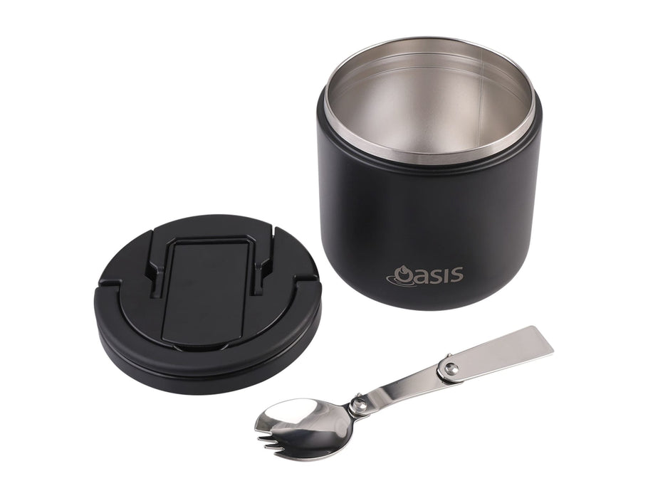 Oasis 500ml Vacuum Food Flask with Spork - A vacuum food flask in matte black with a stainless steel interior and a metal spork included. It features a branding logo.