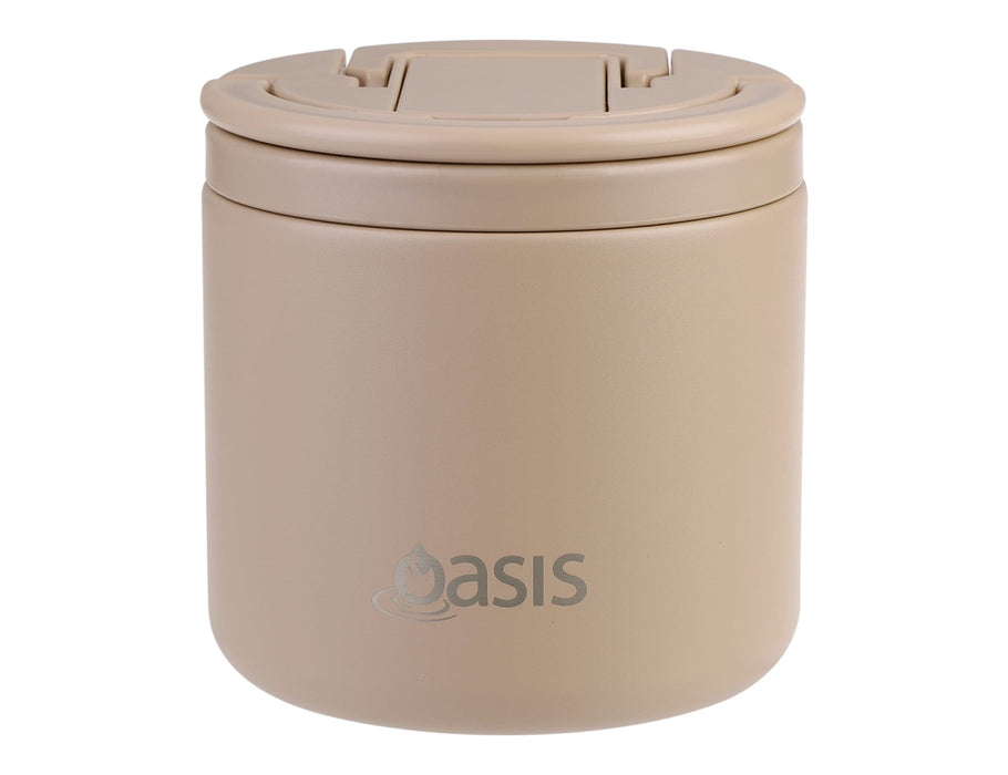 Oasis 500ml Vacuum Food Flask with Spork - A drink bottle in beige with a secure lid and a logo, designed for vacuum food storage.