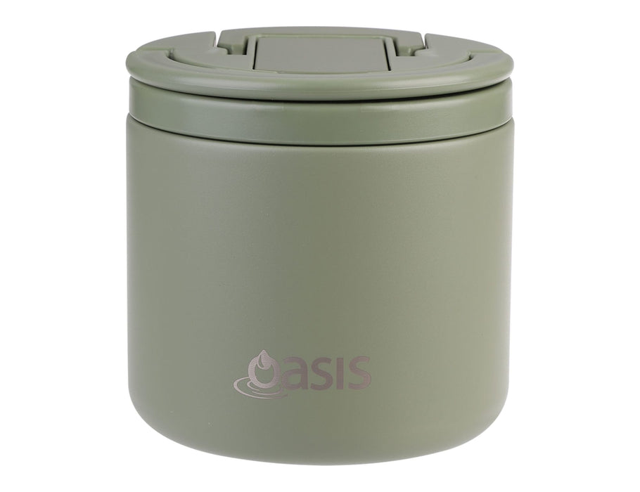 Oasis 500ml Vacuum Food Flask with Spork - A drink bottle and food flask in olive green with a matching spork; features a lid and a logo.