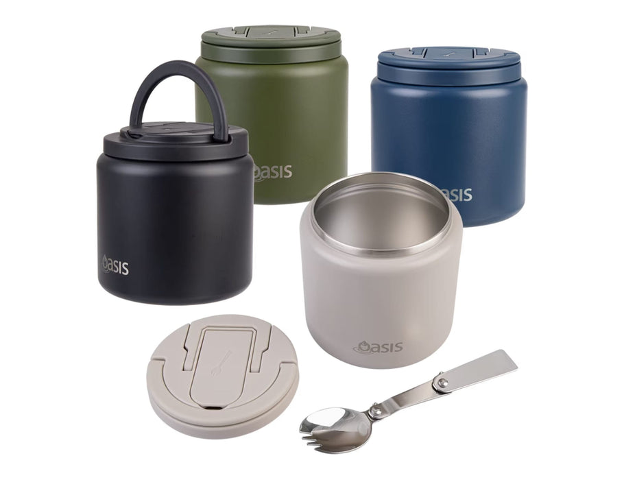 Oasis S/S D/Wall Ins. Food Flask W/ Quick Release Lid & Spork 700ml - A drink bottle and food flask in various colours: black, olive green, navy blue, and beige, with a lid and spork included.