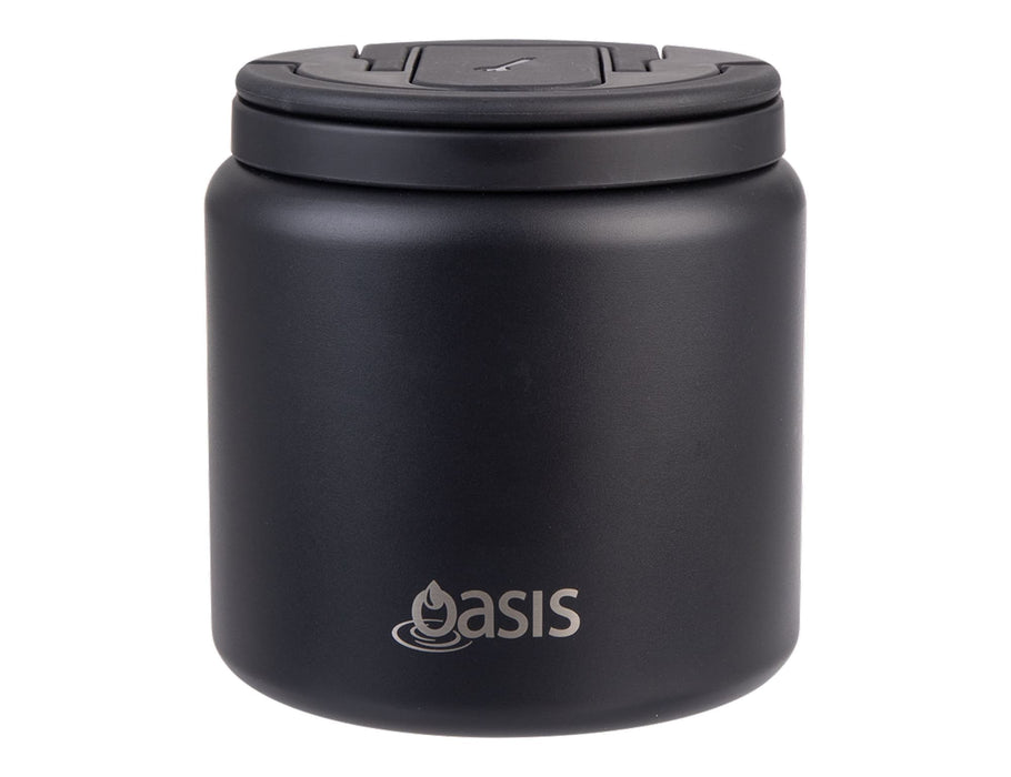 Oasis S/S D/Wall Ins. Food Flask W/ Quick Release Lid & Spork 700ml - A black food flask with a quick release lid and spork, featuring a logo on the front.