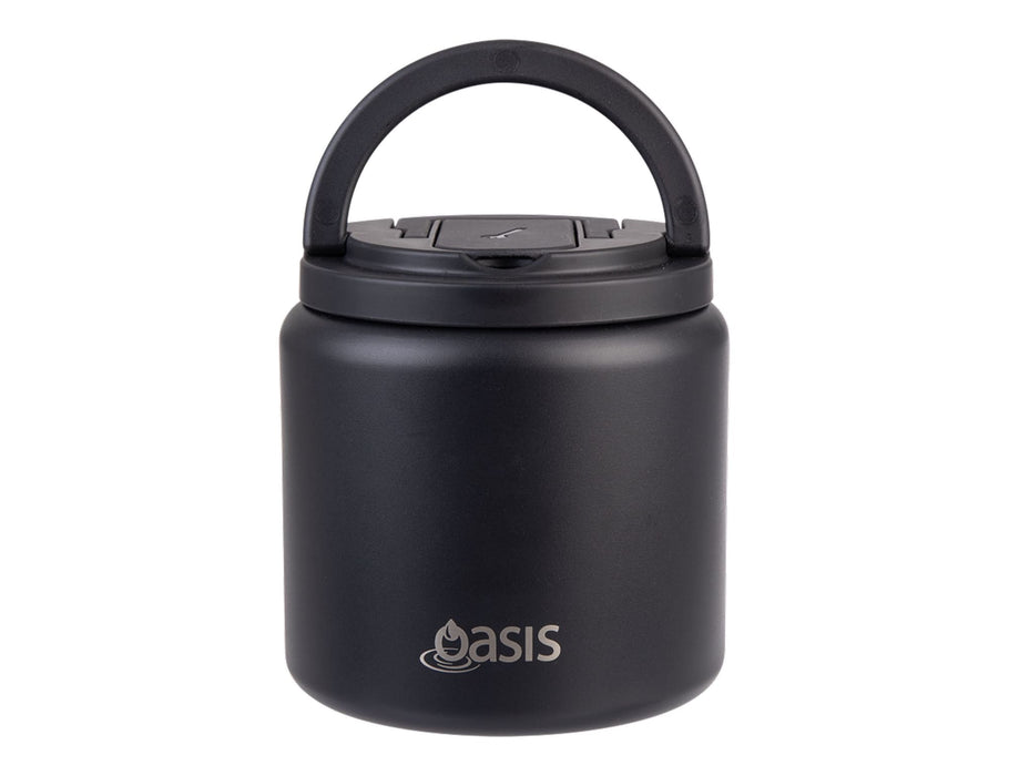 Oasis S/S D/Wall Ins. Food Flask W/ Quick Release Lid & Spork 700ml - A food flask in matte black with a quick release lid, spork, and a carry handle. It features a logo.
