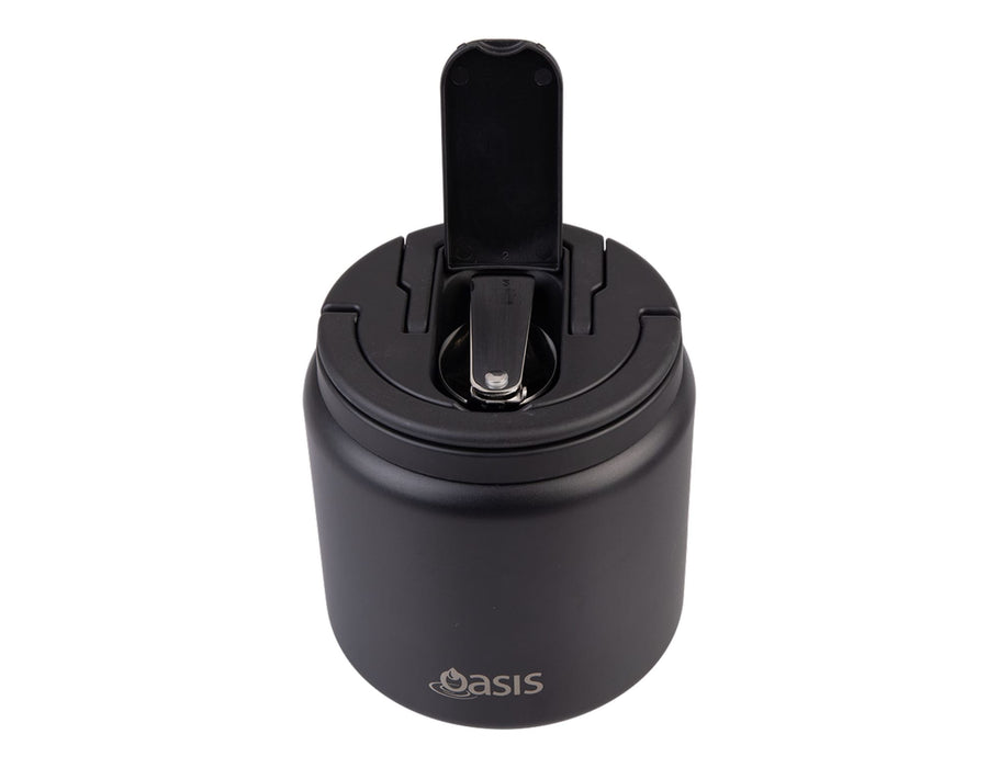 Oasis S/S D/Wall Ins. Food Flask W/ Quick Release Lid & Spork 700ml - A black food flask with a quick release lid and spork, featuring a simple design and a logo.