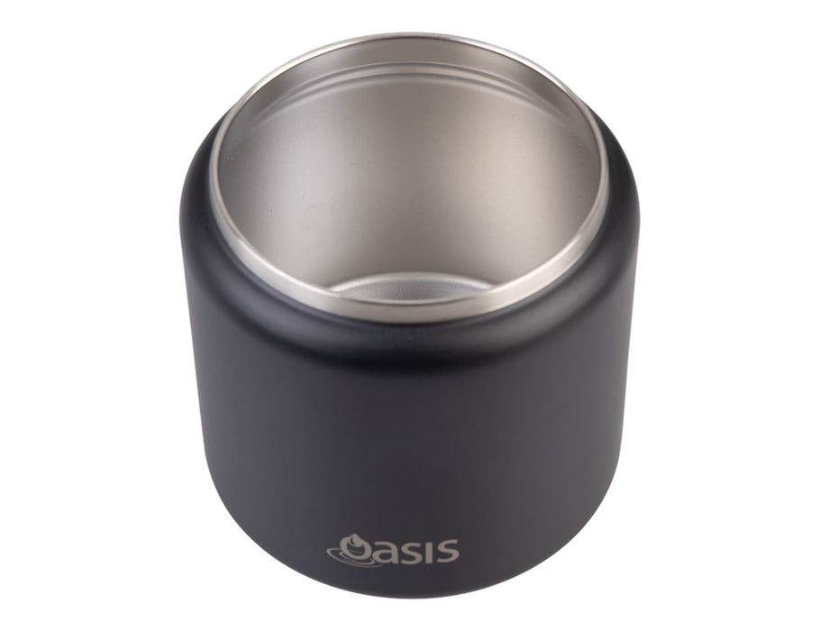 Oasis S/S D/Wall Ins. Food Flask W/ Quick Release Lid & Spork 700ml - A food flask in matte black with a stainless steel interior, featuring a spork and a quick release lid.