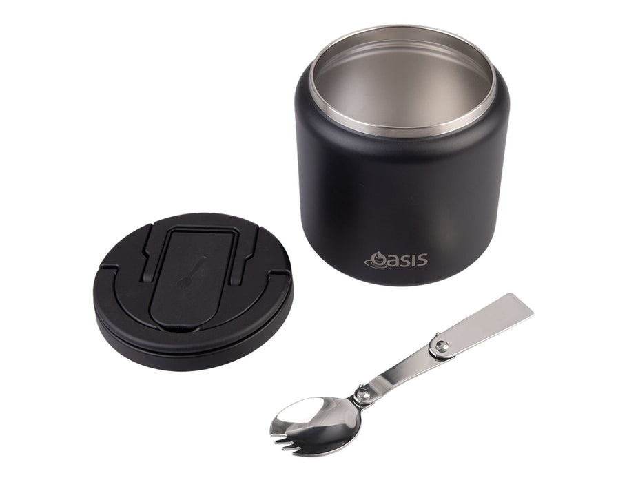 Oasis S/S D/Wall Ins. Food Flask W/ Quick Release Lid & Spork 700ml - A food flask with a matte black exterior, a quick release lid, and a stainless steel spork. It has a logo present.