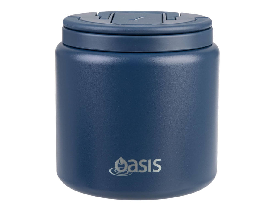 Oasis S/S D/Wall Ins. Food Flask W/ Quick Release Lid & Spork 700ml - A drink bottle with a dark blue finish, featuring a quick release lid and a spork, designed for food storage.