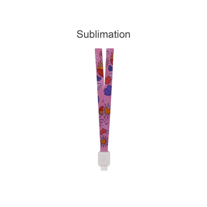 Retractable Lanyard - A pink retractable lanyard featuring various colourful designs, with a white plastic attachment at the end.