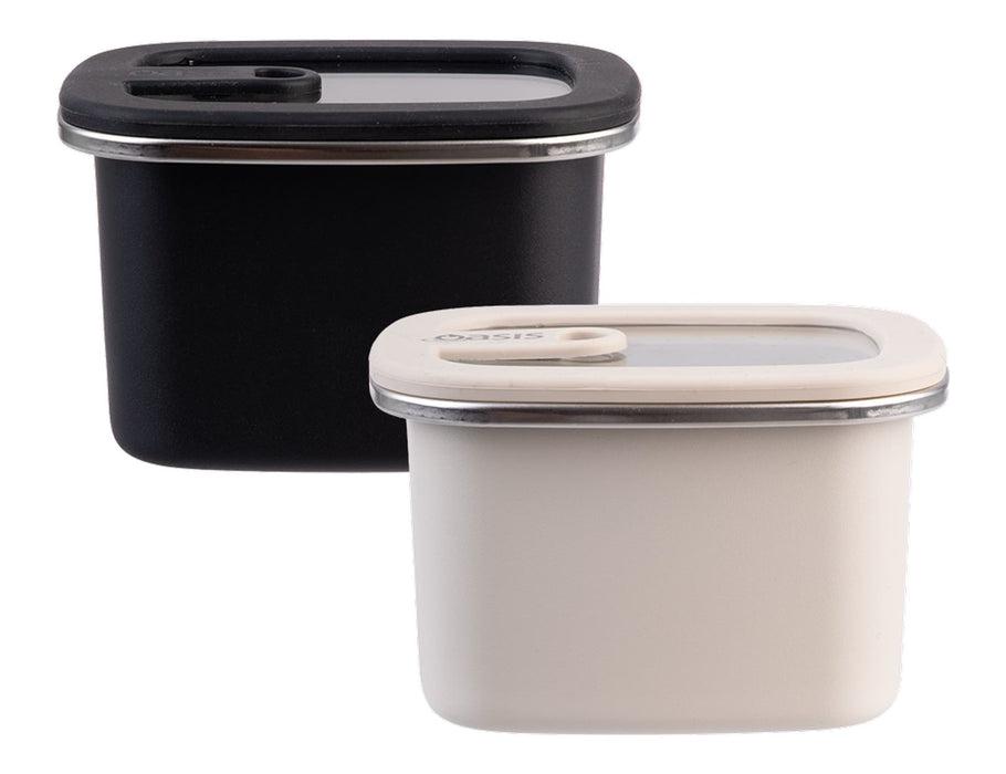 Oasis Microwave Safe Rectangular S/S Container 500ml - Rectangular stainless steel containers in black and cream, featuring transparent lids and a sleek design.