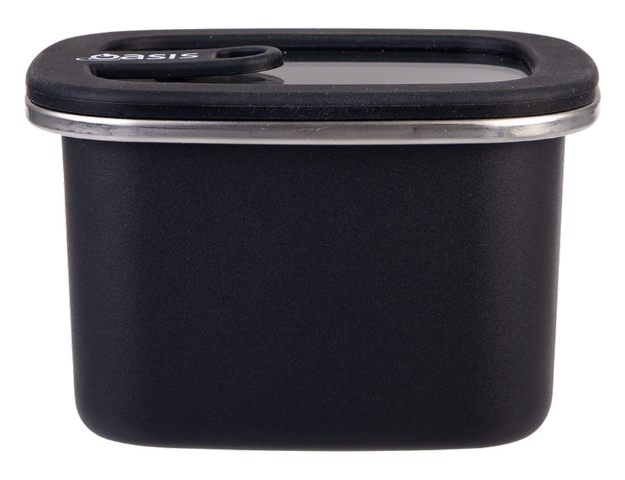 Oasis Microwave Safe Rectangular S/S Container 500ml - A rectangular black stainless steel container with a clear lid and a sealing mechanism. Features a logo on the side.