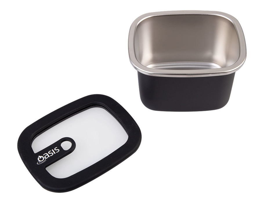 Oasis Microwave Safe Rectangular S/S Container 500ml - A stainless steel rectangular container in black with a clear and black lid, featuring a logo.
