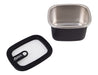 Oasis Microwave Safe Rectangular S/S Container 500ml - A stainless steel rectangular container in black with a clear and black lid, featuring a logo.