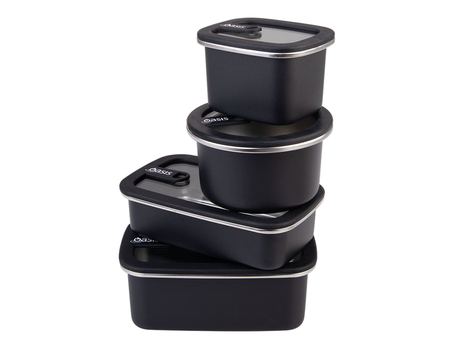 Oasis Microwave Safe Rectangular S/S Container 1.1L - Four black stainless steel rectangular containers stacked with matching lids, featuring a logo on the side.