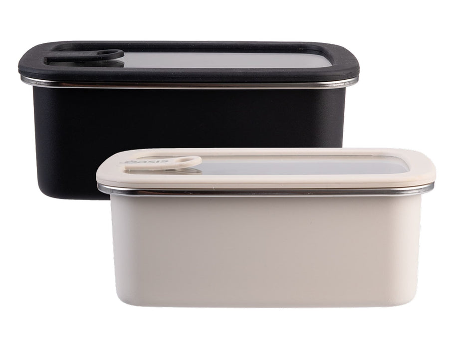 Oasis Microwave Safe Rectangular S/S Container 1.1L - A set of two rectangular stainless steel containers, one black and one cream, with clear lids and a brand logo.
