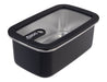 Oasis Microwave Safe Rectangular S/S Container 1.1L - A rectangular stainless steel container with a black exterior and transparent lid, featuring a logo.