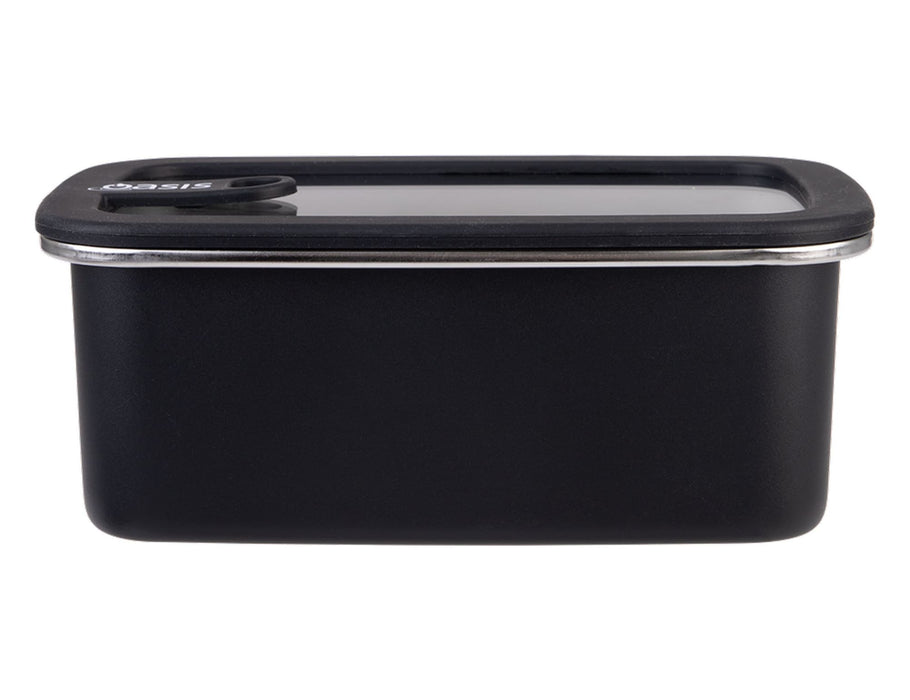 Oasis Microwave Safe Rectangular S/S Container 1.1L - A rectangular black stainless steel container with a transparent lid, featuring a logo. Capacity of 1.1L.