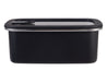 Oasis Microwave Safe Rectangular S/S Container 1.1L - A rectangular black stainless steel container with a transparent lid, featuring a logo. Capacity of 1.1L.