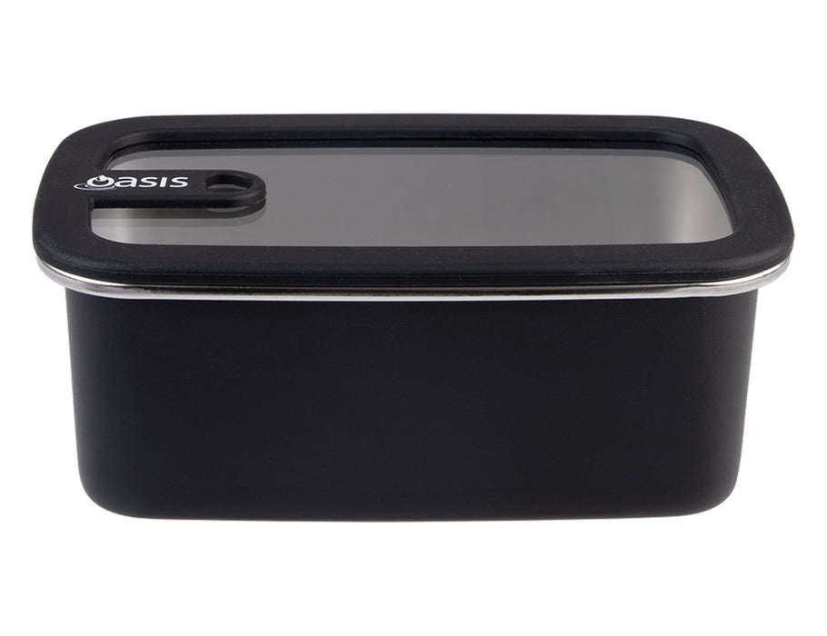 Oasis Microwave Safe Rectangular S/S Container 1.1L - A rectangular black stainless steel container with a clear lid and a logo. Capacity of 1.1L.