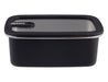 Oasis Microwave Safe Rectangular S/S Container 1.1L - A rectangular black stainless steel container with a clear lid and a logo. Capacity of 1.1L.