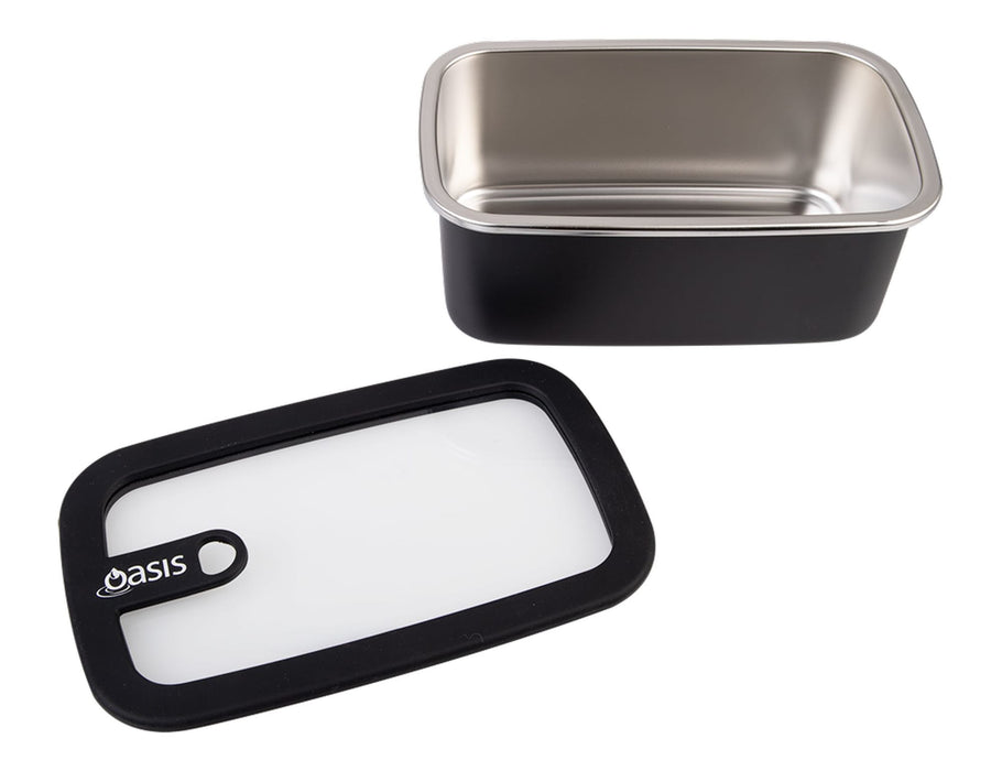 Oasis Microwave Safe Rectangular S/S Container 1.1L - A rectangular stainless steel container in silver with a black lid, featuring a logo. Capacity is 1.1L.