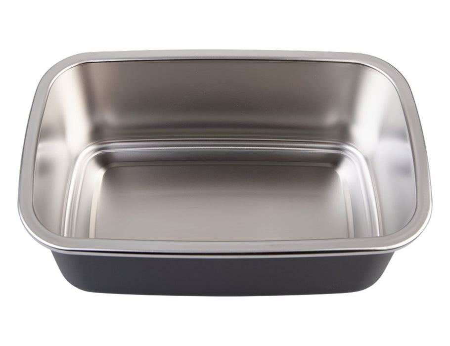Oasis Microwave Safe Rectangular S/S Container 1.1L - A rectangular stainless steel container in silver and black, designed for microwave use, with a clean interior.