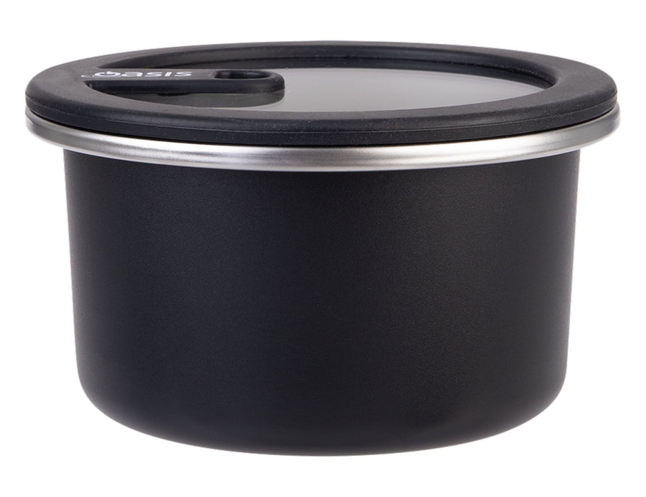 Oasis Microwave Safe Round S/S Container 680ml - A round black stainless steel container with a lid, featuring a silver rim, designed for microwave use.