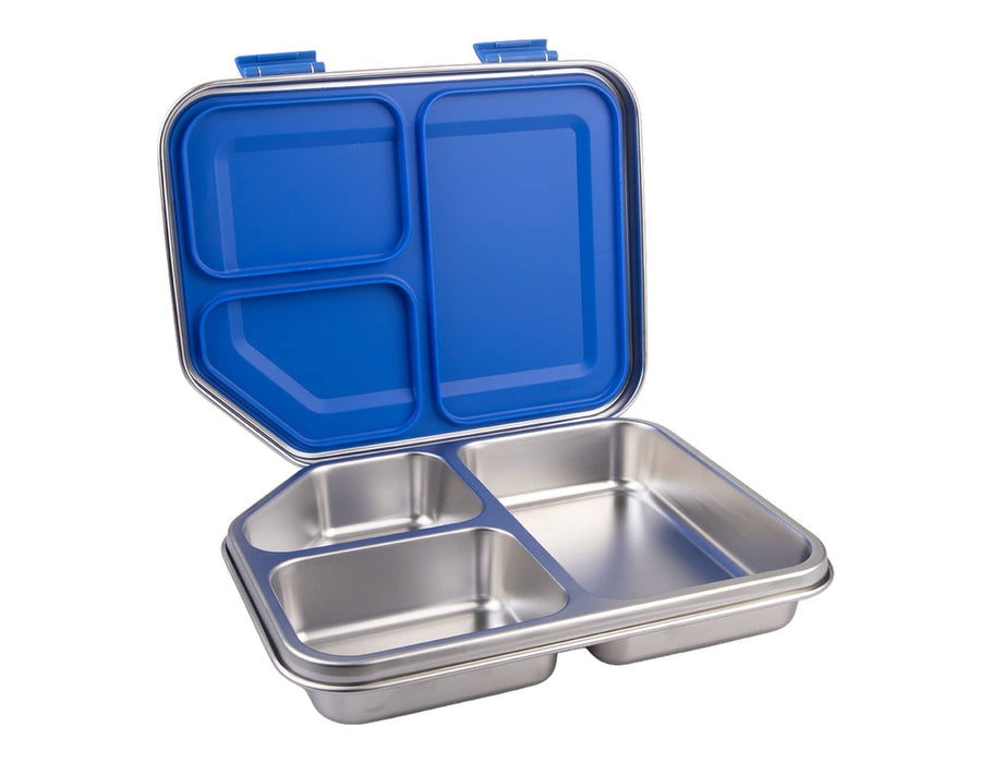 Oasis S/S 3 Compartment Bento Lunch Box 1200ml - A blue and silver bento lunch box with three compartments, featuring a stainless steel design and a hinged lid.