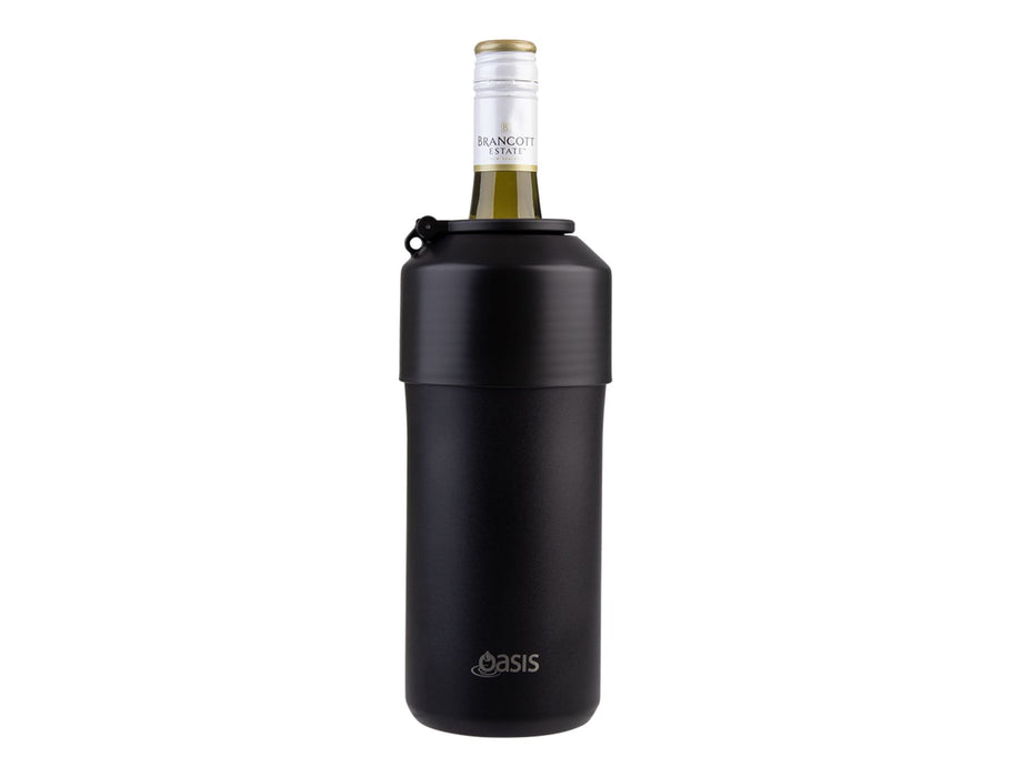 Oasis Insulated Stainless Steel Wine Cooler - A drink bottle in matte black with a lid, designed to hold a wine bottle, featuring a logo.