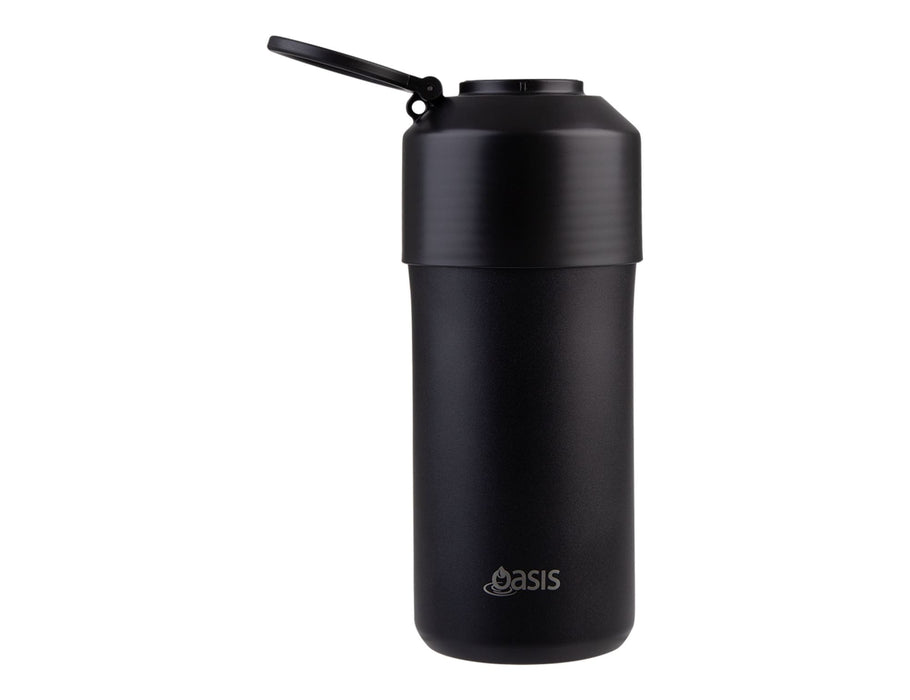 Oasis Insulated Stainless Steel Wine Cooler - A stainless steel wine cooler in matte black with a secure lid and a logo.
