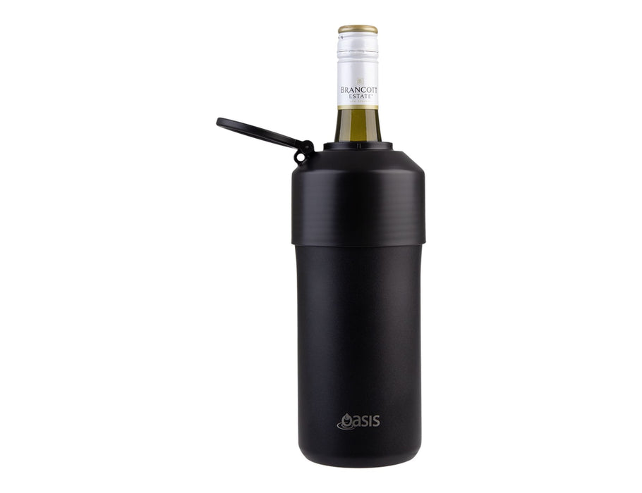 Oasis Insulated Stainless Steel Wine Cooler - A drink bottle in matte black stainless steel with a carry handle and a bottle of wine inside. Features a logo.