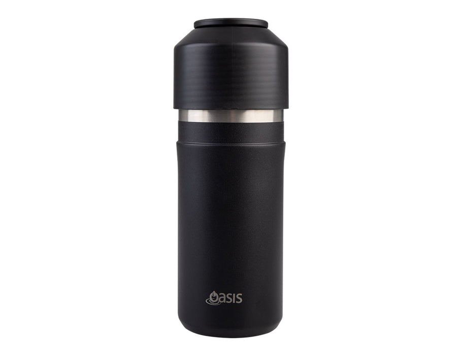 Oasis Insulated Stainless Steel Wine Cooler - A drink bottle featuring a sleek black design with a stainless steel inner section and a logo at the base.