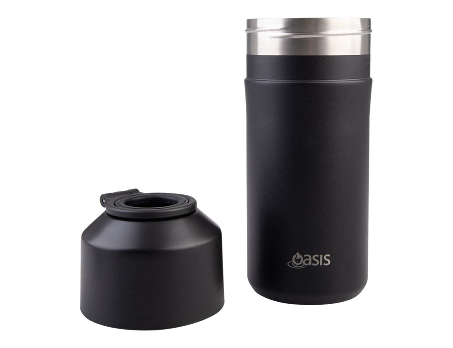 Oasis Insulated Stainless Steel Wine Cooler - A drink bottle in matte black stainless steel with a removable lid, featuring a logo on the body.