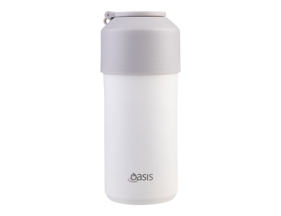 Oasis Insulated Stainless Steel Wine Cooler - A drink bottle in white with a grey lid, featuring a logo on the side.