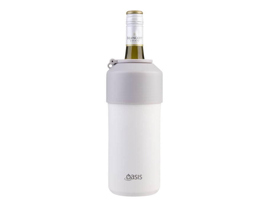 Oasis Insulated Stainless Steel Wine Cooler - An insulated stainless steel wine cooler in white and grey, designed to hold a bottle of wine. It features a logo.