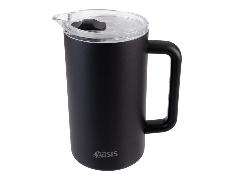 Oasis Ceramic Lined 1.5L Triple Insulated Water Pitcher - A drink bottle with a matte black finish and a clear lid, featuring a handle and a logo.