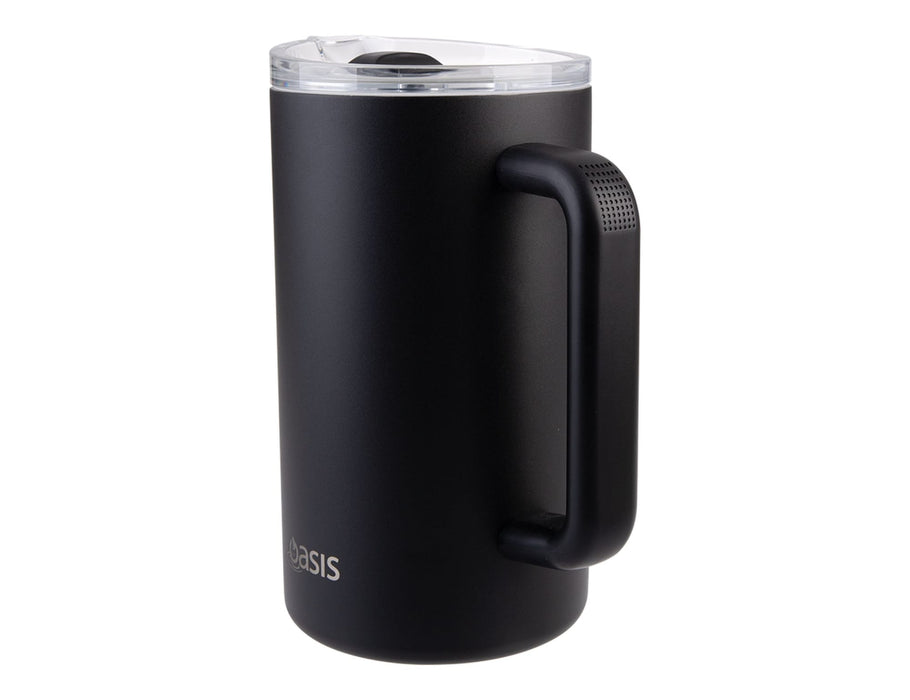 Oasis Ceramic Lined 1.5L Triple Insulated Water Pitcher - A drink bottle featuring a matte black finish, a handle, and a clear lid, with a branding logo.