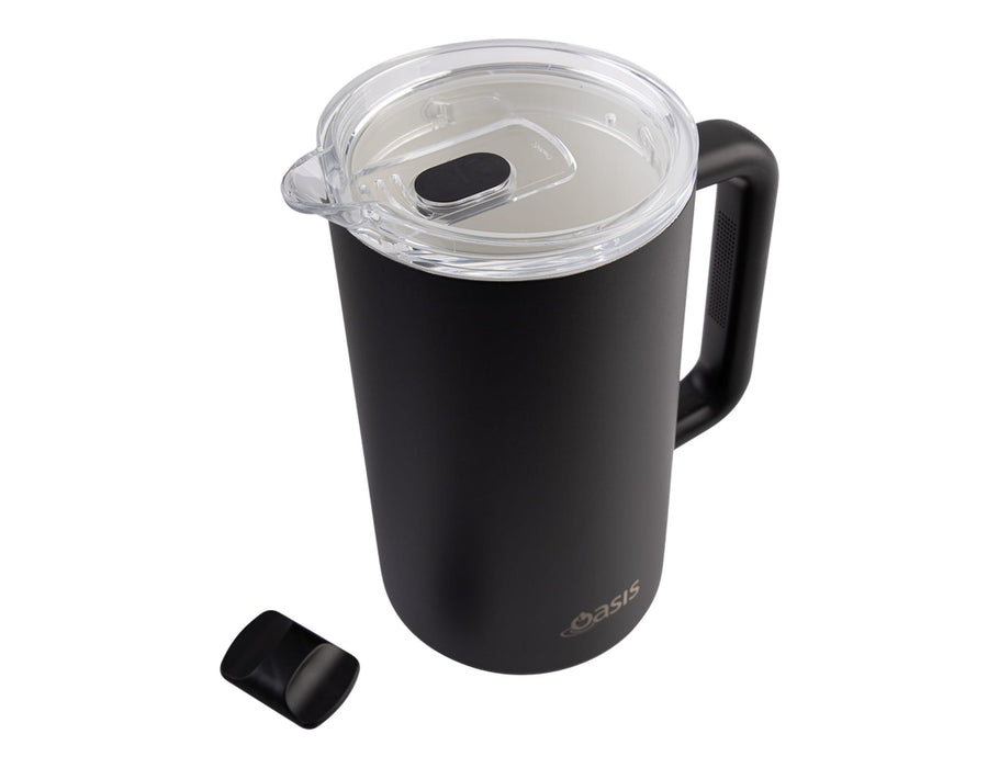 Oasis Ceramic Lined 1.5L Triple Insulated Water Pitcher - A drink bottle featuring a sleek black ceramic lined design, triple insulated, with a clear lid and handle, plus a lid cap.