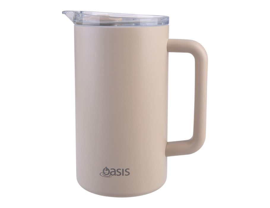 Oasis Ceramic Lined 1.5L Triple Insulated Water Pitcher - A drink bottle in a soft beige colour with a clear lid and a sturdy handle, featuring a brand logo.