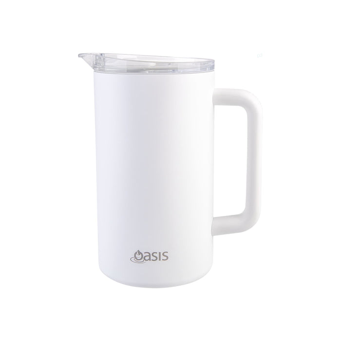 Oasis Ceramic Lined 1.5L Triple Insulated Water Pitcher - A drink bottle with a white ceramic lined exterior, featuring a clear lid and a sturdy handle. It has a logo on the front.