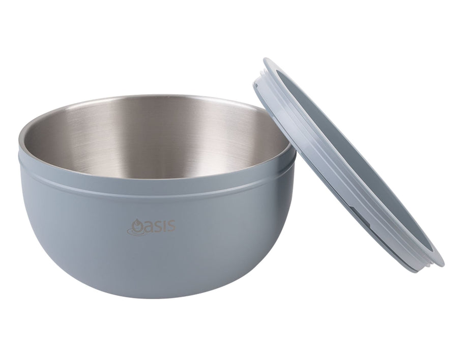 Oasis 2.8L Double Wall Salad Bowl - A double wall salad bowl in light blue with a stainless steel interior and a matching lid. Features a logo.