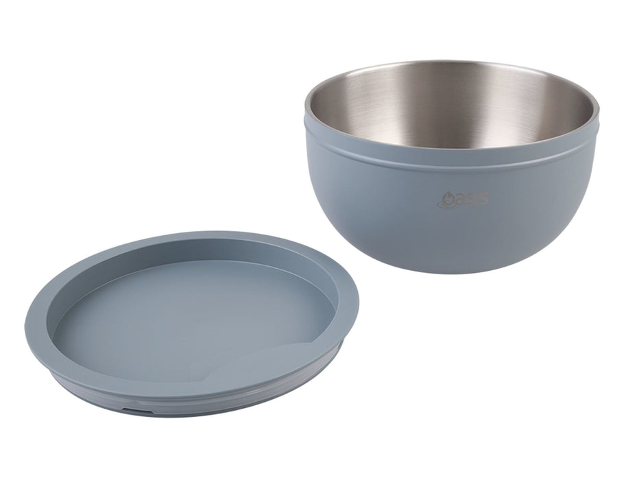Oasis 2.8L Double Wall Salad Bowl - A double wall salad bowl in a soft blue colour, featuring a stainless steel inner bowl and a matching lid.