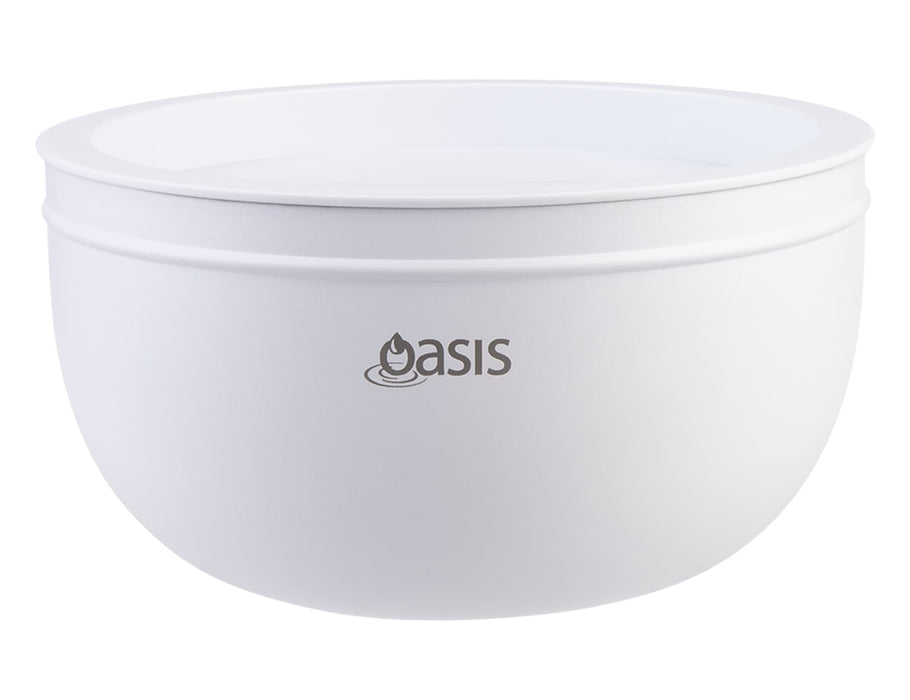 Oasis 2.8L Double Wall Salad Bowl - A double wall salad bowl in white featuring a logo, suitable for serving meals.