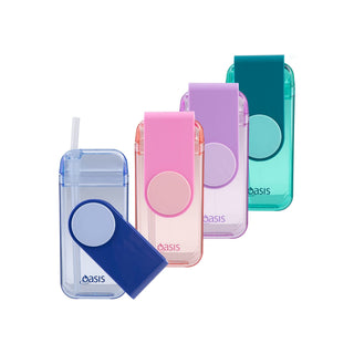Oasis 300ml Kid's Tritan Juice Box - A drink bottle collection featuring four colours: blue, pink, purple, and teal, with a logo on each.