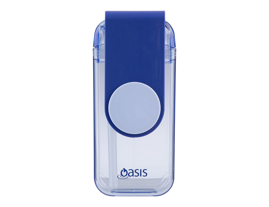 Oasis 300ml Kid's Tritan Juice Box - A drink bottle featuring a transparent body with a blue lid and a logo, designed for kids to use.