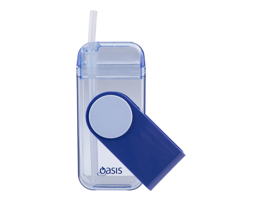 Oasis 300ml Kid's Tritan Juice Box - A drink bottle featuring a blue and clear design, with a straw and a round cap. It has a logo.