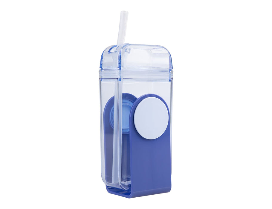 Oasis 300ml Kid's Tritan Juice Box - A drink bottle featuring a transparent body with a blue lid and straw. Includes a logo on the side.